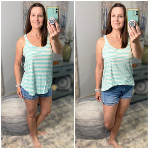 "Level Up" Ribbed Striped Scoop Neck Sleeveless Summer Beach Floaty Tank Top Tunic Mint Green