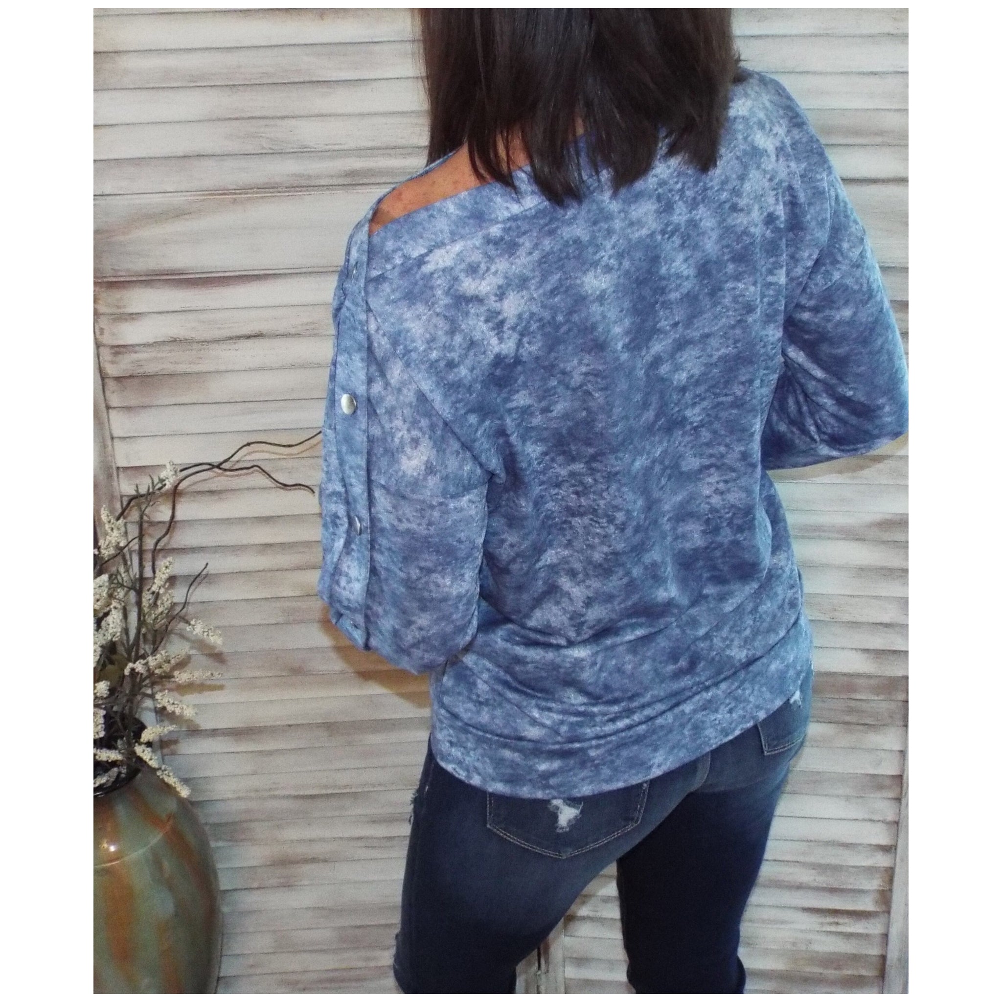 "That's a Wrap" Multi Tie Dye Snap Detail Thermal Wide Neck Off Shoulder Banded Blue Top S/M/L