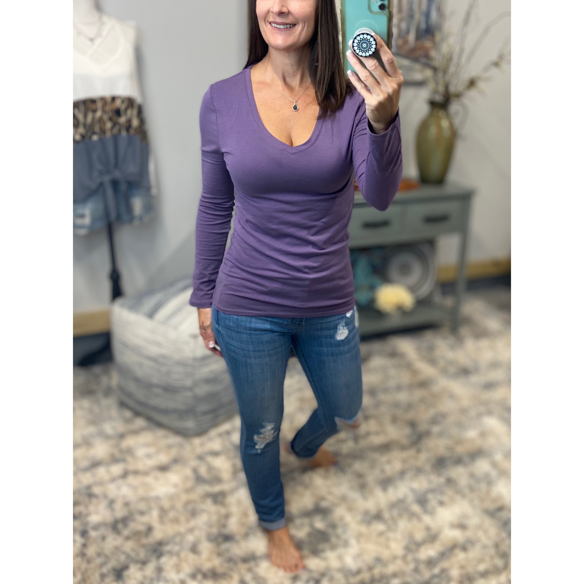 “Easygoing” Loose Slimming V Neck Low Cut Long Sleeve Tissue Basic Baby Shirt Top Lilac