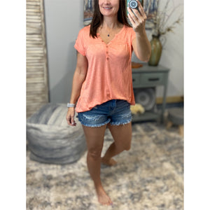 “Just Be You” Sheer Burnout Melange Tissue V-Neck Henley Tab Sleeve Shirt Floaty Tee Peach