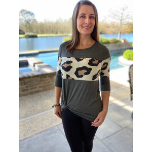 "Forever Yours" Leopard Color Block Contrast Scoop Neck Floaty 3/4 Sleeves Gray