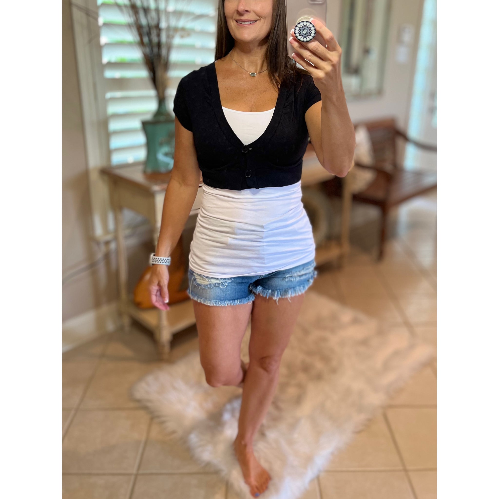 Preppy Cropped Cleavage Midriff Cardigan Puff Sleeve Tee Top Black S/M/L