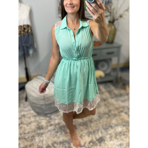 Henley Collar Button Up Lace Sleevless Boho Shirt Dress Mint Green S/M/L