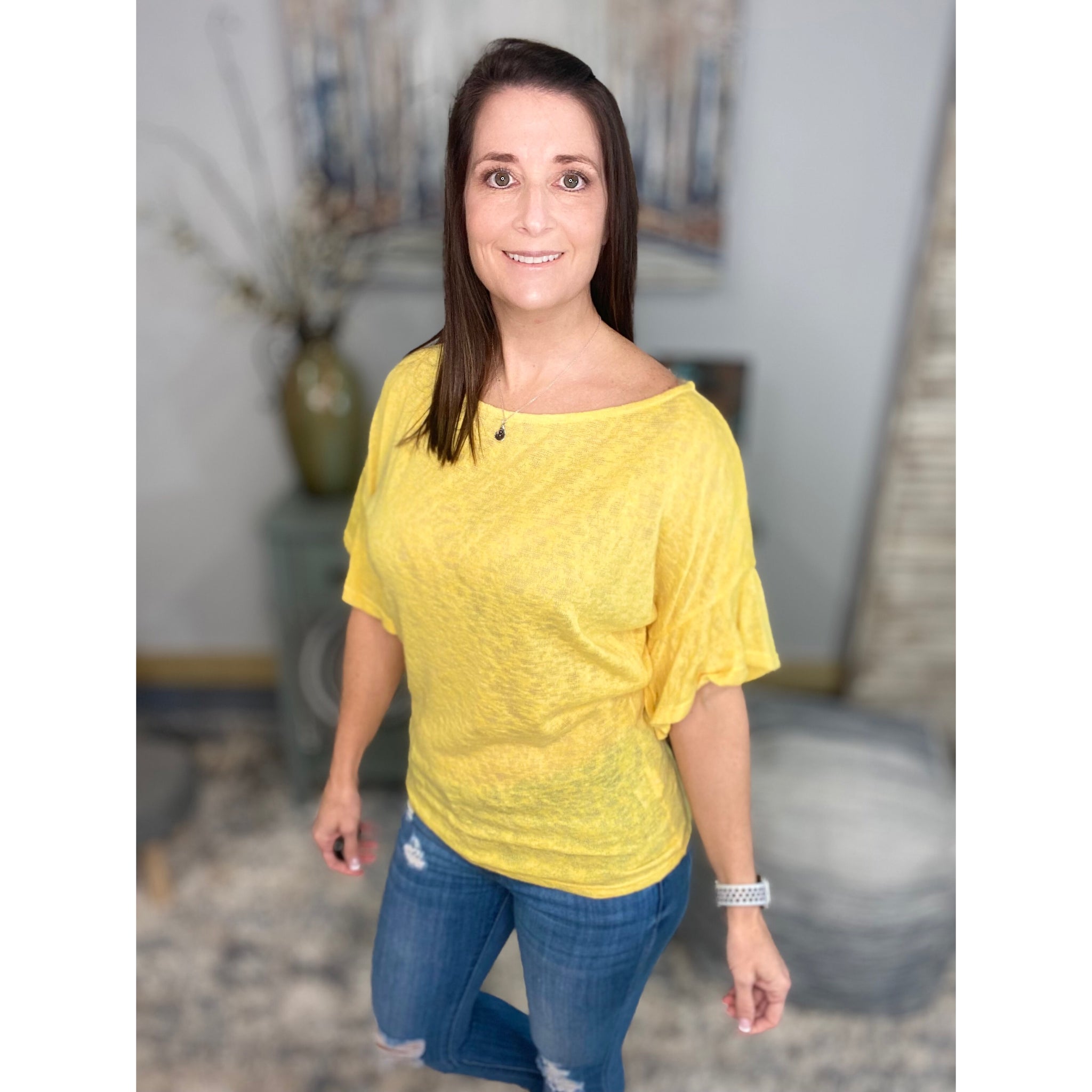 "Charmed Life" Boat Neck Short Ruffle Bell Dolman Sleeve Top Yellow