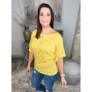 "Charmed Life" Boat Neck Short Ruffle Bell Dolman Sleeve Top Yellow