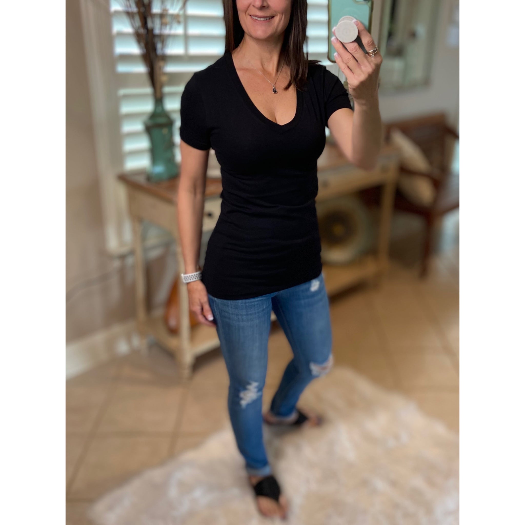 "Basic Babe" V-Neck Cleavage Baby Slimming Basic Tee Shirt Black 1X/2X/3X