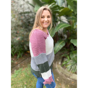 “Mauve On Over” Chunky Knit Sweater Distressed Drop Open Shoulder V-Neck Long Sleeve