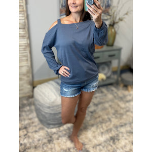 "Show Me The Way" One Cold Shoulder Cutout Waffle Asymmetrical Long Sleeve Top Blue