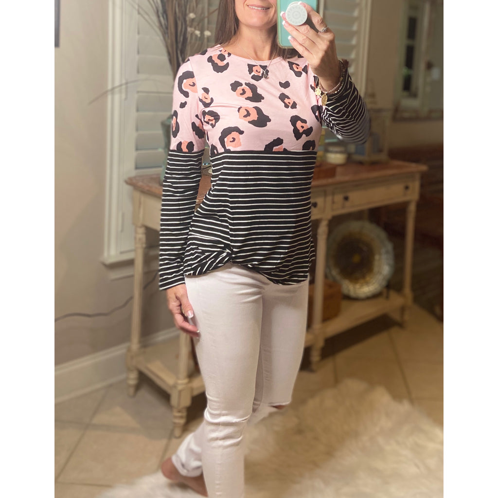 “Make Up Your Mind” Leopard Striped Color Block Contrast Knot Front Long Sleeve Pink