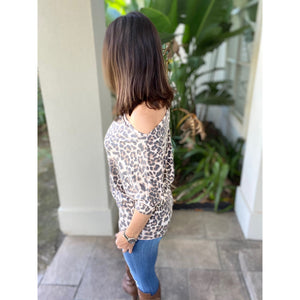 “Let’s Go Out” Leopard Off Shoulder Open Neck Dolman 3/4 Sleeve Top Brown