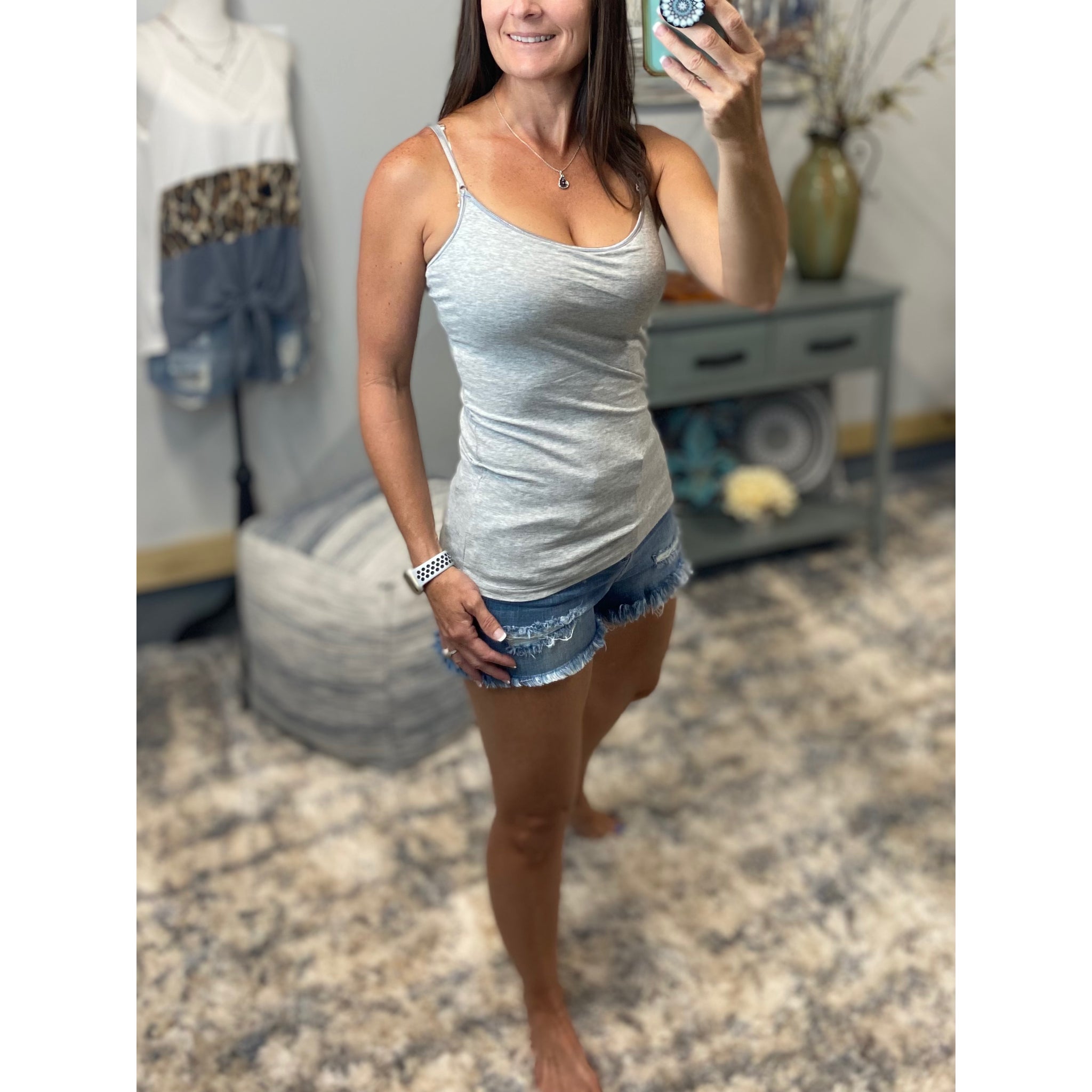Low Cut Shelf Bra Cleavage Adjustable Straps Layering Cami Light Gray S/M/L