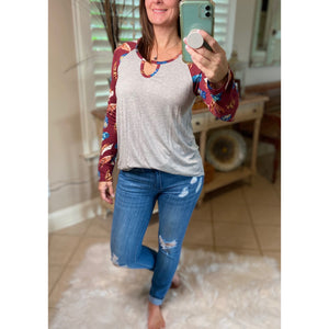 “Dream Catcher” Sporty Feather Long Sleeve Scoop Keyhole Neck Raglan Jersey Stretch Shirt Burgundy S/M/L