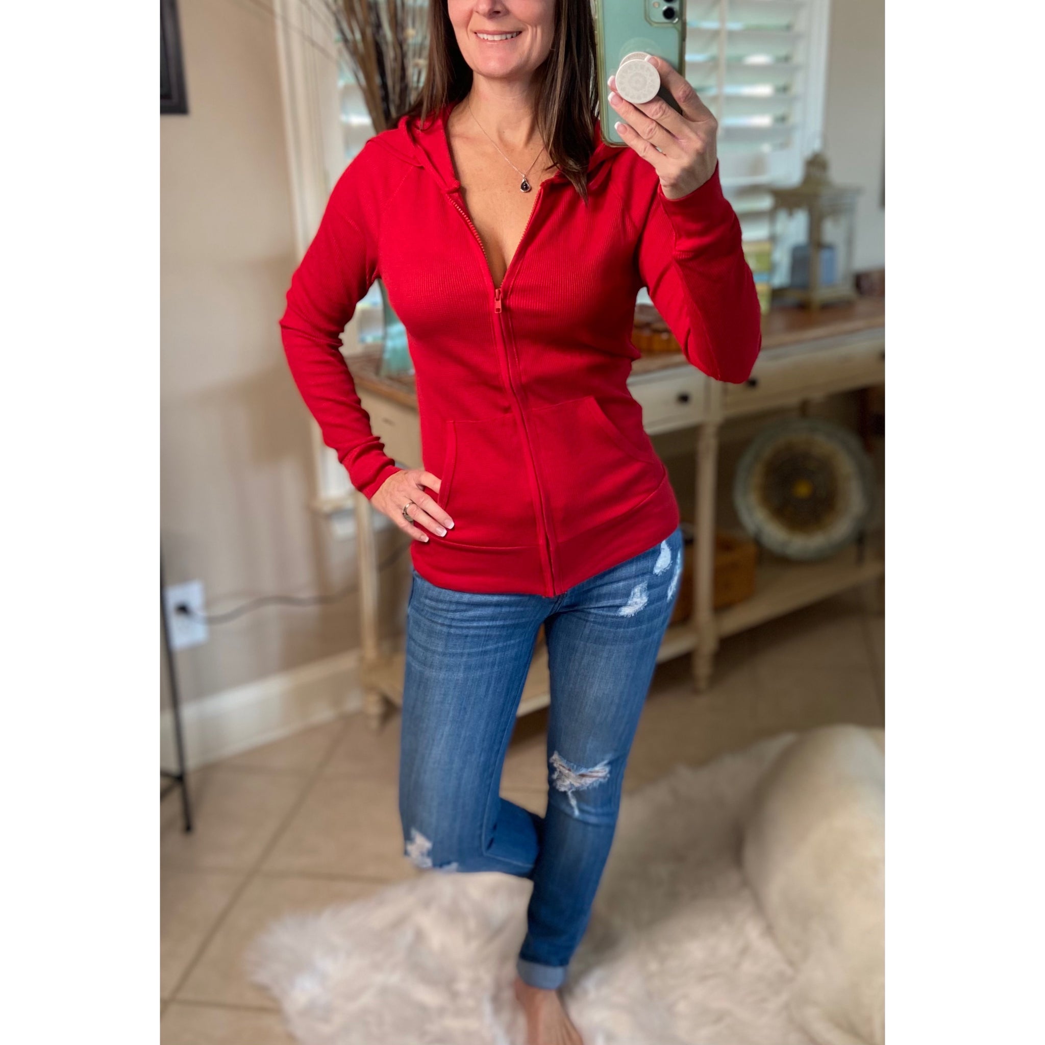 "Get Cozy" Zip Up Waffle Thermal Hoodie Light Jacket Long Sleeve Sweater Yoga Red Plus