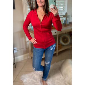 "Get Cozy" Zip Up Waffle Thermal Hoodie Light Jacket Long Sleeve Sweater Yoga Red Plus
