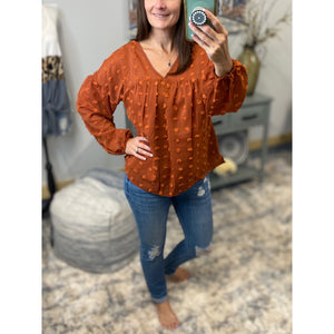 “Harvest Festival” Swiss Dot Long Bubble Sleeve V-Neck Floaty Top Rust