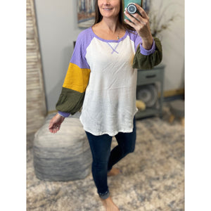 “Mambo Mama” Mardi Gras Waffle Color Block Balloon Sleeve Shirt Purple Green & Gold Ivory