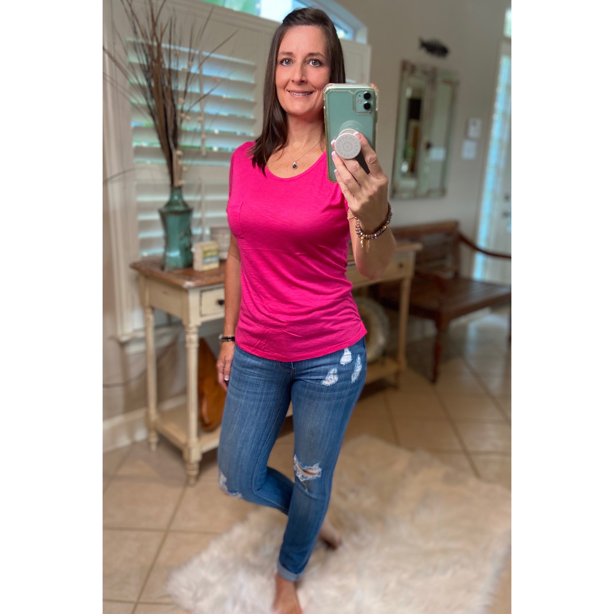 Sexy Sheer Burnout Melange Tissue Scoop Neck Short Sleeve Top Shirt Tee Hot Pink