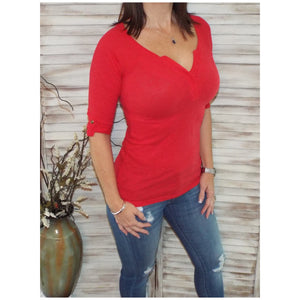 "Come Together" V-Neck Crochet Plunge Cleavage Military 3/4 Cuff Sleeve Top Red S/M/L