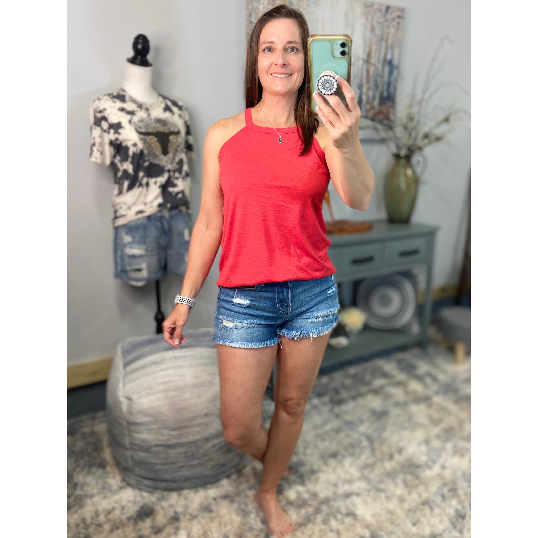 Tri Rocker Racerback Scoop Neck Floaty Trendy Summer Tank Top Red