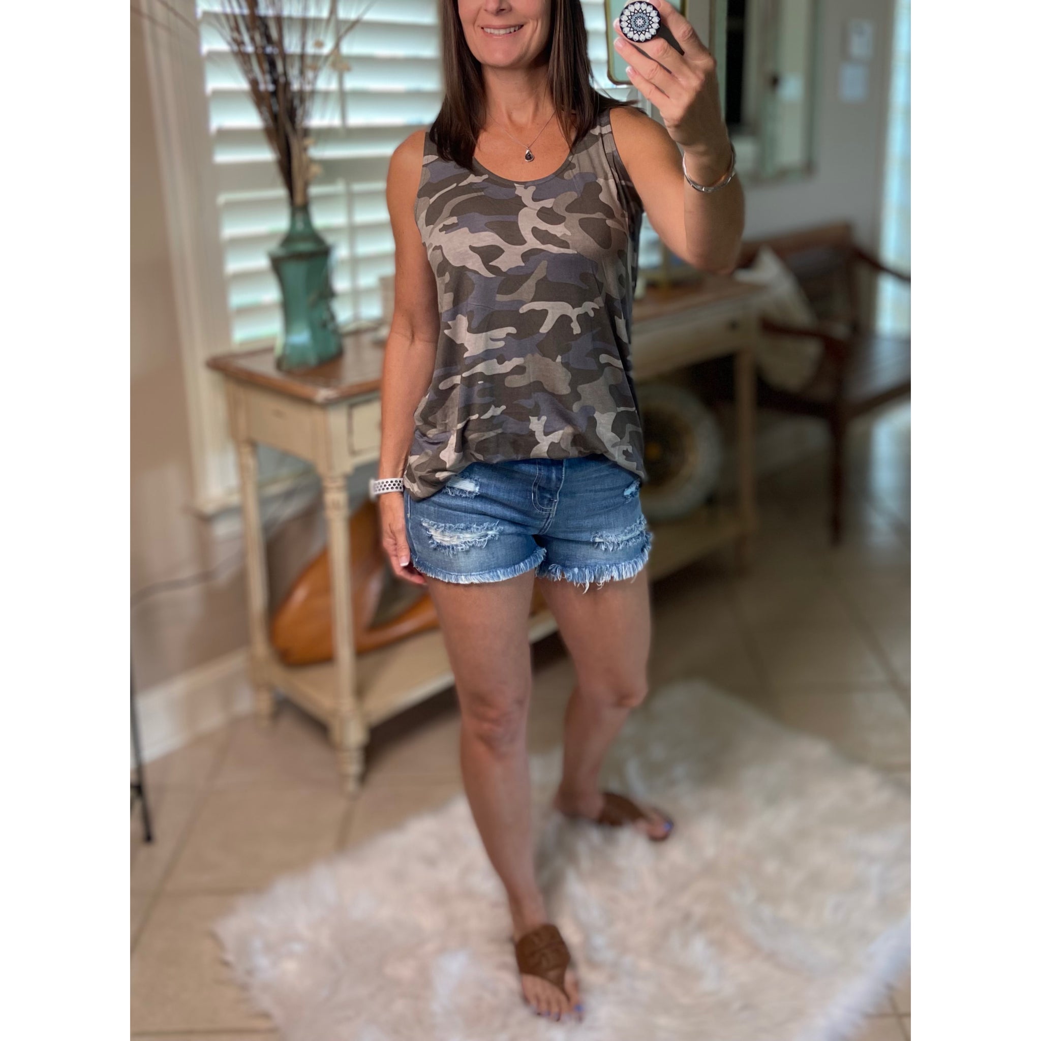 "Hot in Here" Very Sexy Camouflage Floaty Scoop Neck Summer Tank Top Army Green