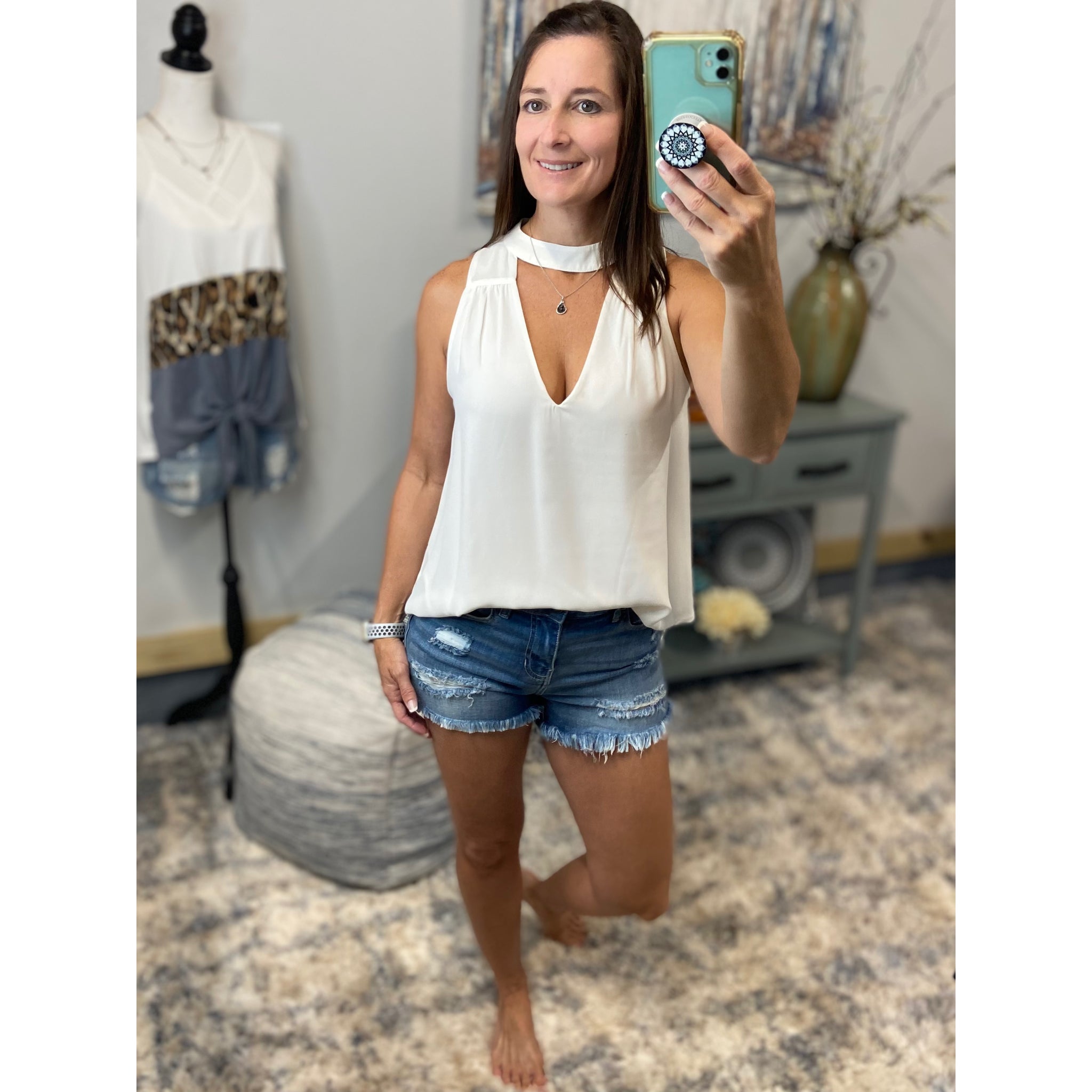 Very Sexy Low Cut Choker Sheer Floaty Empire Tank White S/M/L