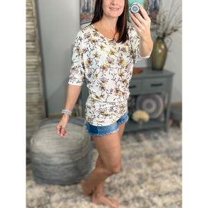 “Everybody Talks” Floral Dolman Tunic 3/4 Sleeve Ruching Detail Top Dress Cream S/M/L/XL