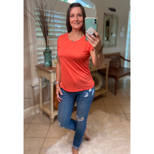 Very Sexy Sheer Burnout Melange Tissue Scoop Neck Top Shirt Tee Orange S/M/L
