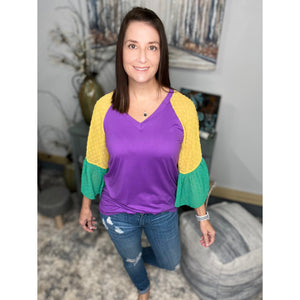 "Beads or Bust" Mardi Gras Color Block Swiss Dot Flutter Bell Sleeves V Neck Tie Bottom Shirt Purple Green & Gold