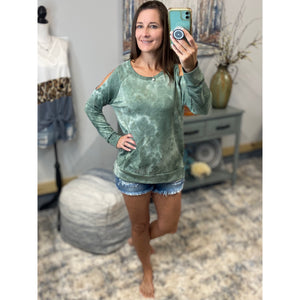 “Never Better” Tie Dye French Terry Cold Shoulder Long Sleeve Round Neck Split Side Top Green