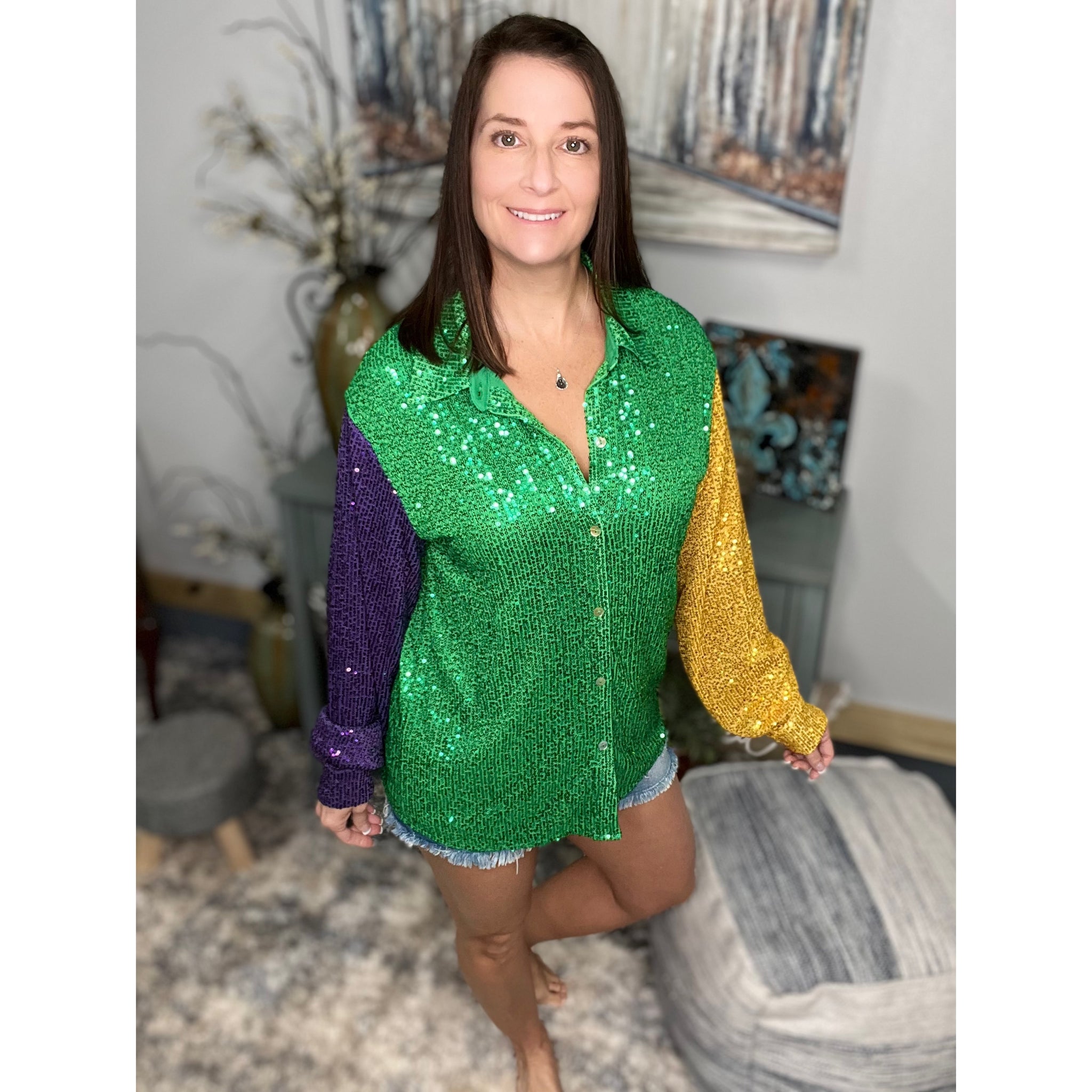 “The Krewe” Mardi Gras Sequined Color Block Balloon Sleeves Button Up Shacket Parade Purple Green & Gold
