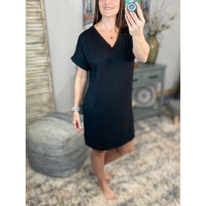 "Timeless" Boxy V-Neck Rolled Cuff Sleeve Pocket Summer Tee Shirt Dress Black S/M/L/XL