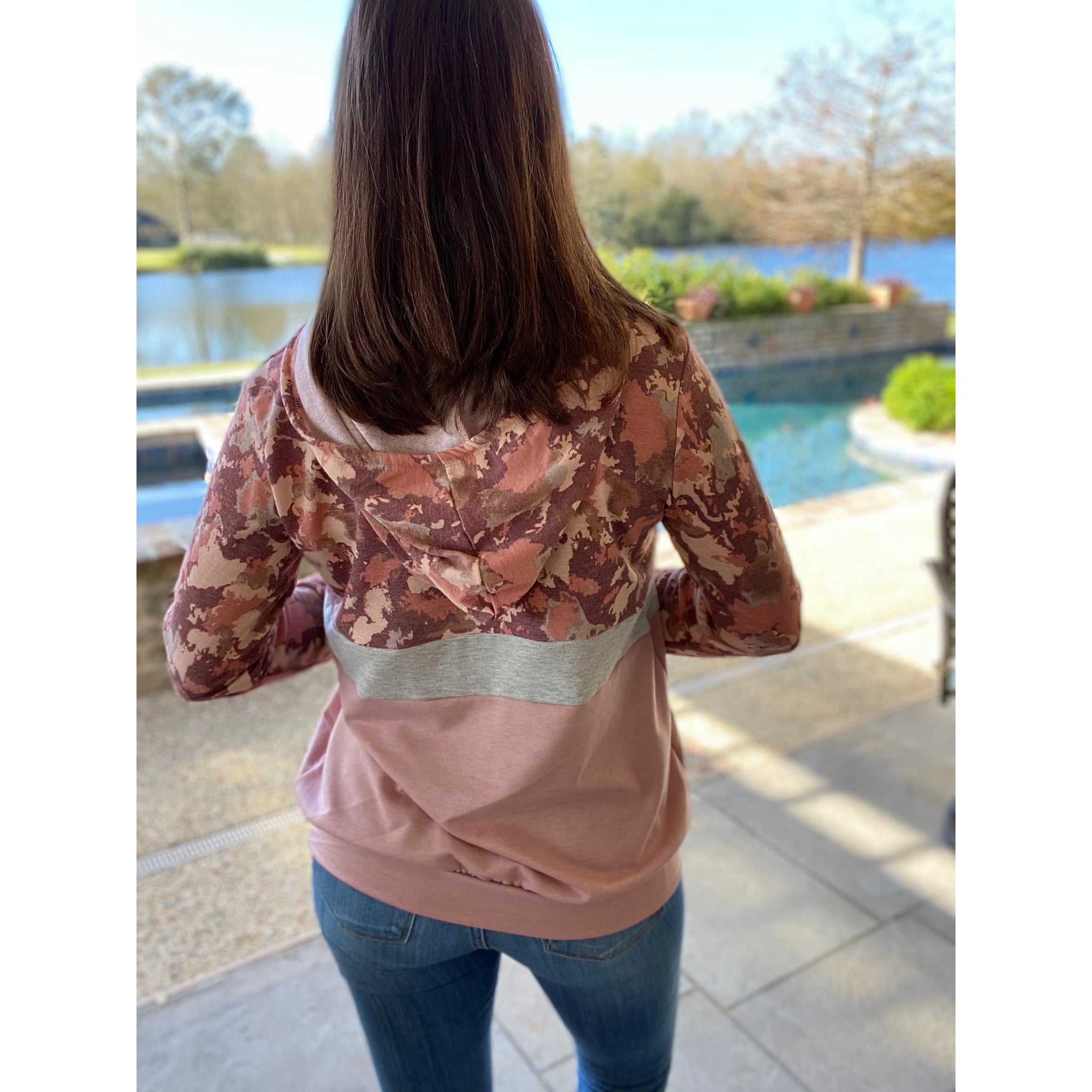 “Camo Is The New Black” Color Block Camouflage Drawstring Hoodie Banded Bottom Pink