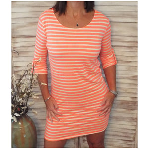 Sexy Boat Neck Striped Tab Sleeve Summer Tee Shirt Dress Neon Coral