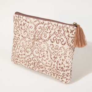 Weave Block Bohemian Print Clutch With Tassel Zipper Tan Ivory