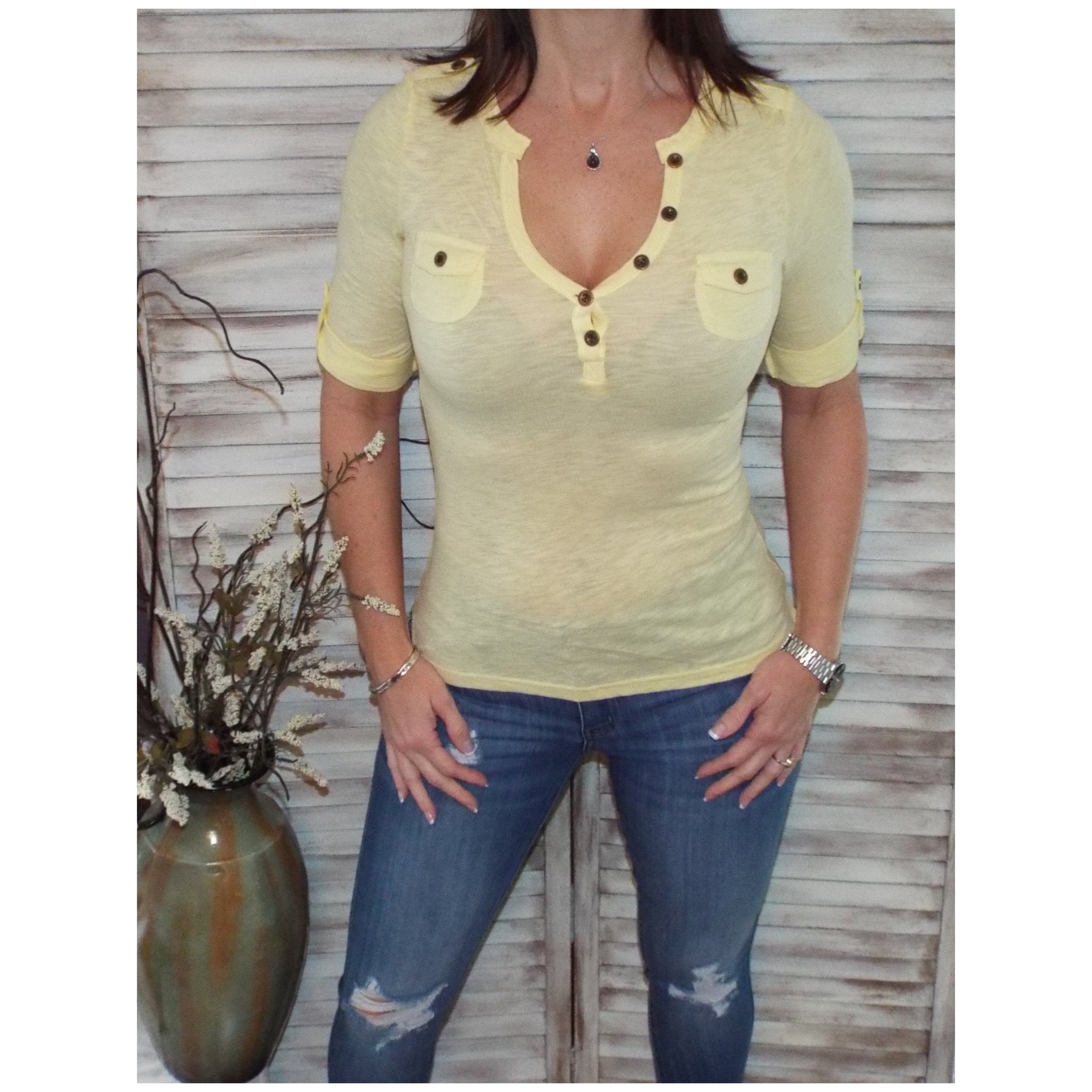 Sexy V Neck Plunge Cleavage Military Henley Pocket Cuff Sleeve Top Yellow S/M/L