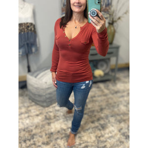 Sexy Deep V Neck Plunge Cleavage Military Henley Pocket Top Rust
