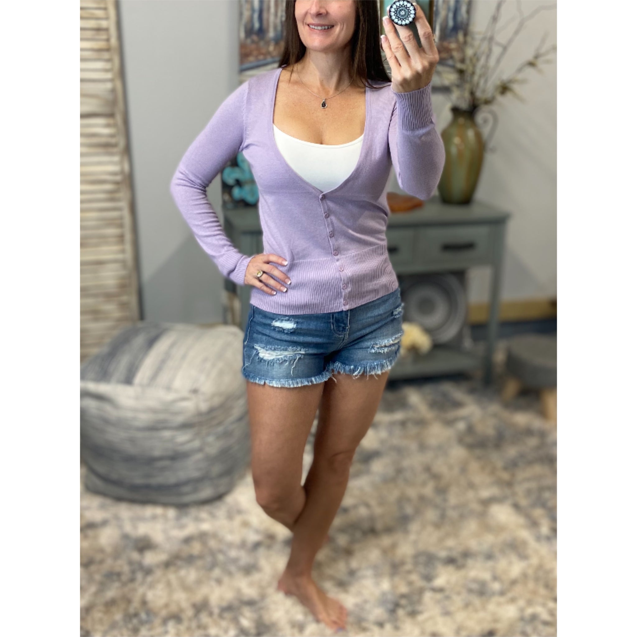 “Keepin’ Me Warm” Preppy Cropped Cleavage Button Up Cardigan Long Sleeve Sweater Lilac