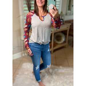 “Dream Catcher” Sporty Feather Long Sleeve Scoop Keyhole Neck Raglan Jersey Stretch Shirt Burgundy S/M/L