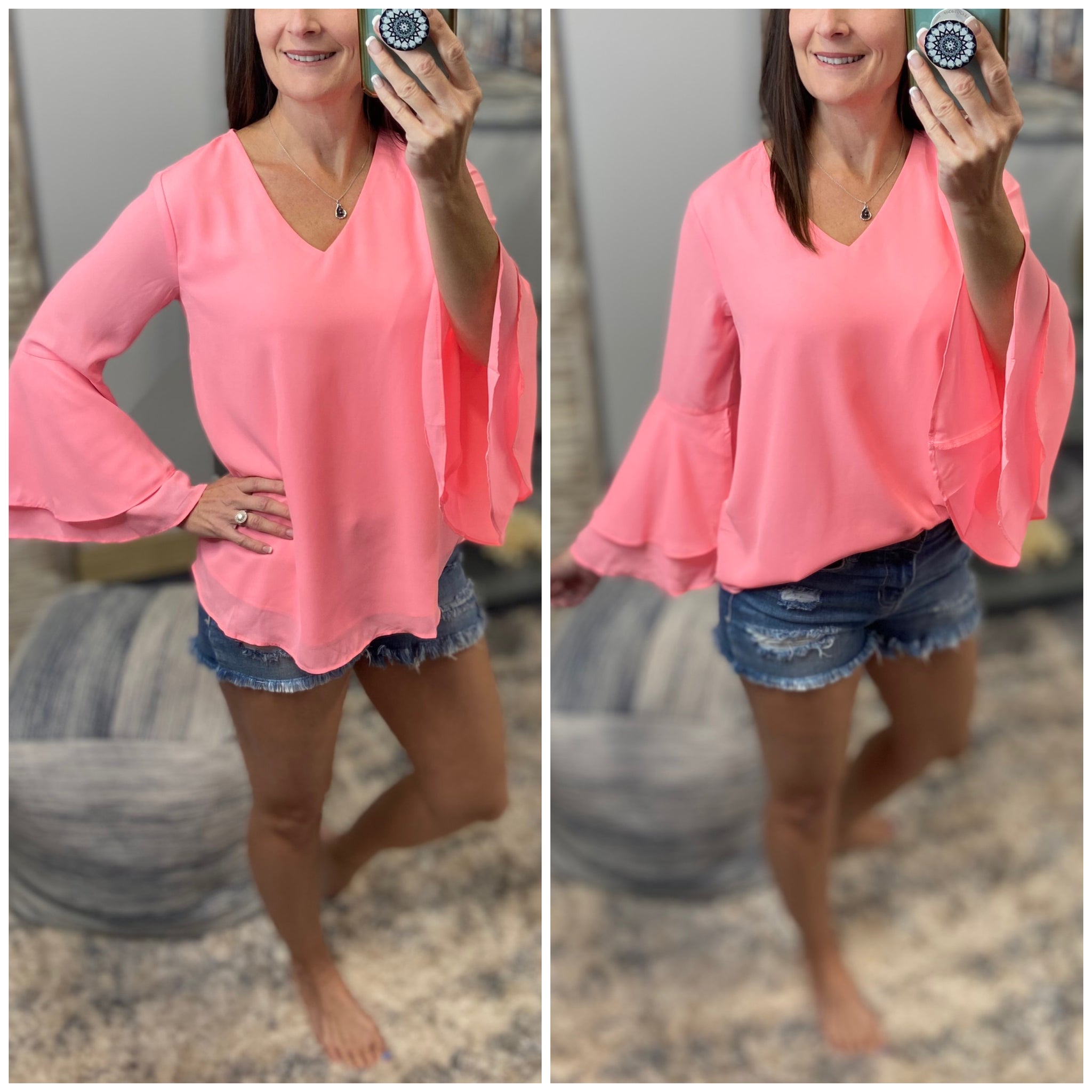 "Full of Surprises” V-Neck Flared Bell Layered Sleeve Dressy Top Neon Pink S/M/L/XL