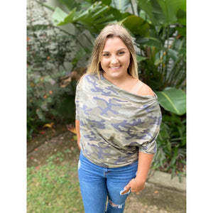 “This Girl Wears Camo” Camouflage Off Shoulder Open Neck Dolman Long Sleeve Top Green