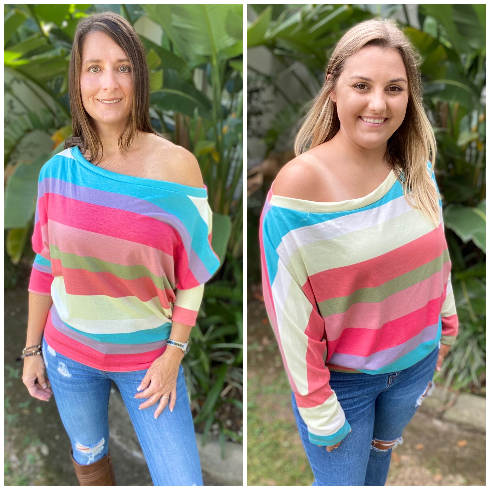 “Just The Way I Like It” Striped Off Shoulder Open Neck Dolman Long Sleeve Top