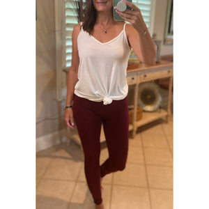 "Cozy Days" Thick Fleece Ribbed Waistband Leggings Stretch Yoga Lounge Pants Burgundy