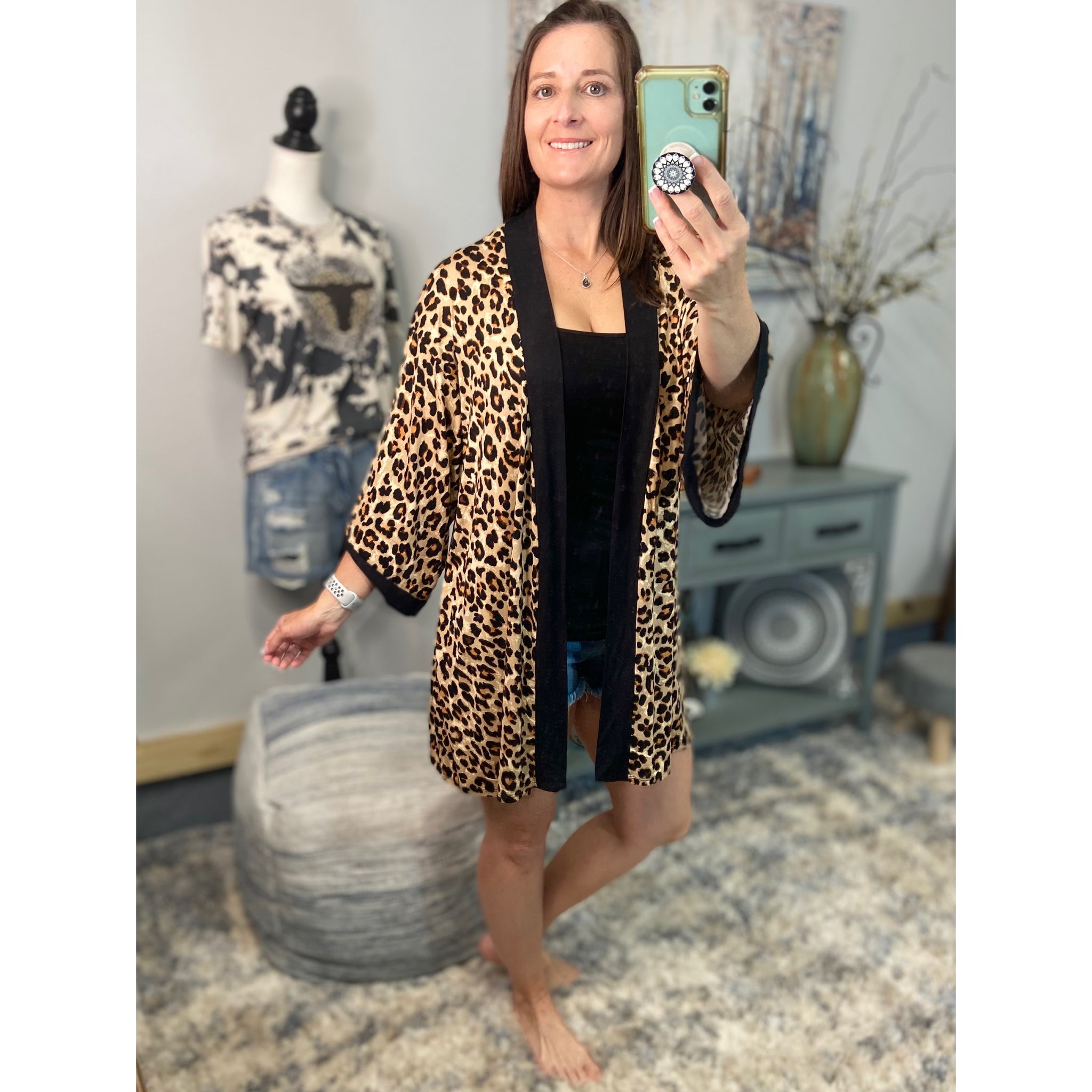 “Express Yourself” Leopard Contrast Trim Long Open Front Kimono Cardigan Pocket Light 3/4 Sleeve Brown S/M/L/XL