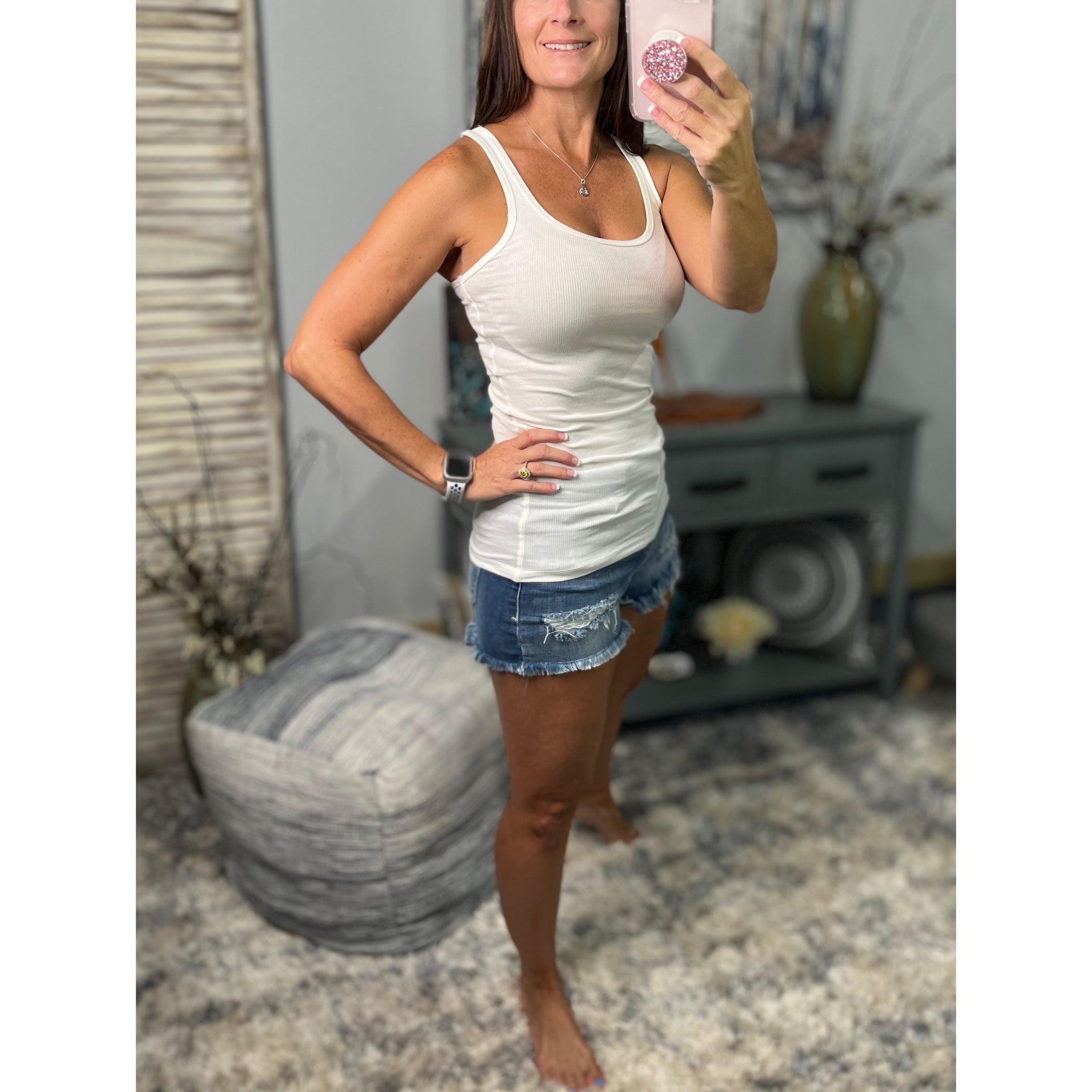 "Can't Touch This" Ribbed Low Scoop Boy Beater Cleavage Fitted Tank Top Ivory S/M/L