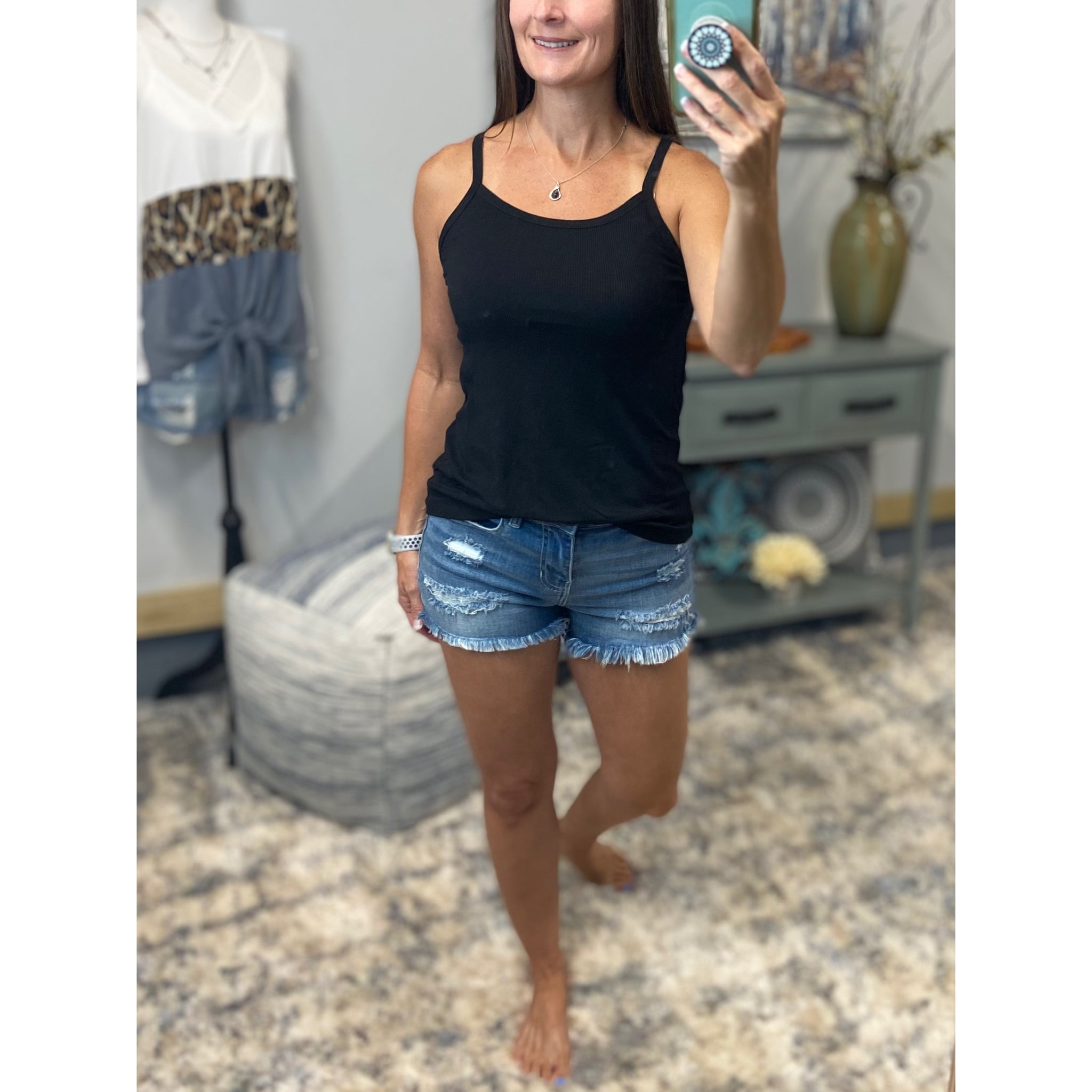 “Perfect Places” Ribbed Scoop Spaghetti Strap Cami Tank Top Black S/M/L
