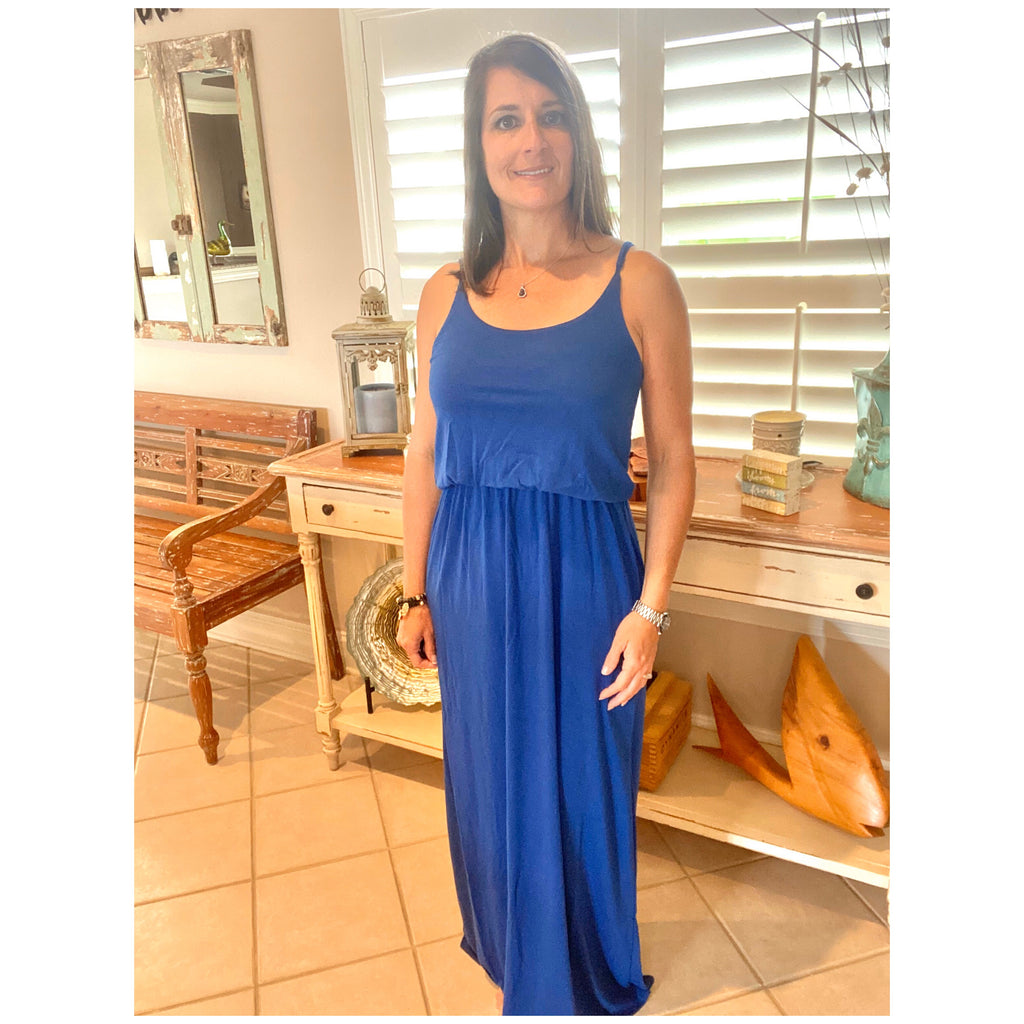 Sexy Blouson Maxi Scoop Neck Pockets Cami Tank Long Tube Adjustable Dress Blue