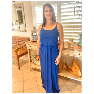 Sexy Blouson Maxi Scoop Neck Pockets Cami Tank Long Tube Adjustable Dress Blue