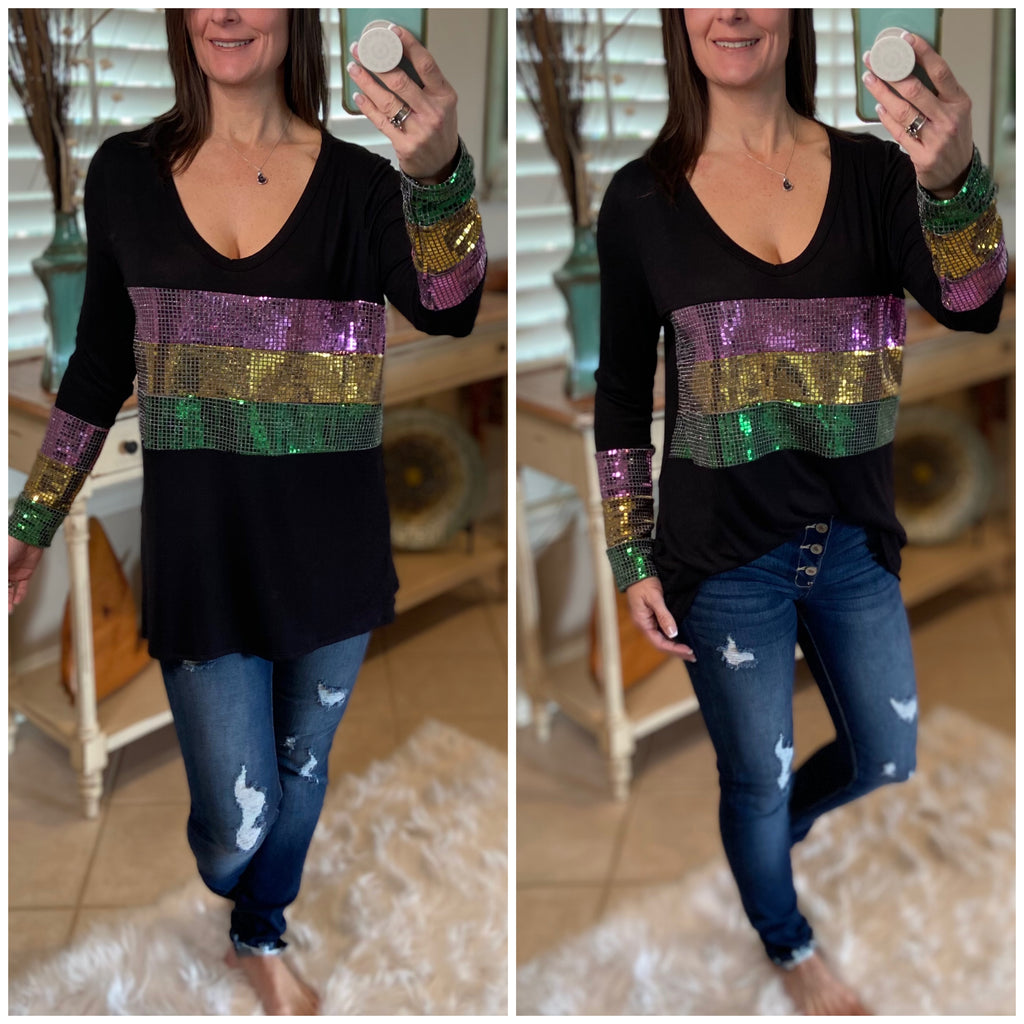 “Masquerade” Mardi Gras Sequined Deep U Neck Off Shoulder Shirt Purple Green Gold Black