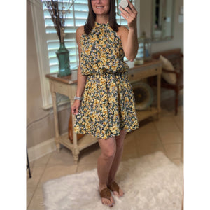 "You Are The Reason" Floral Halter Neckline Blouson Sleeveless Keyhole Tie Floaty Fall Dress Yellow