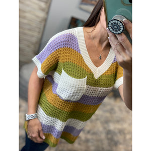 “The Royal Court” Mardi Gras Deep V Neck Loose Striped Sweater Shirt Purple Green & Gold